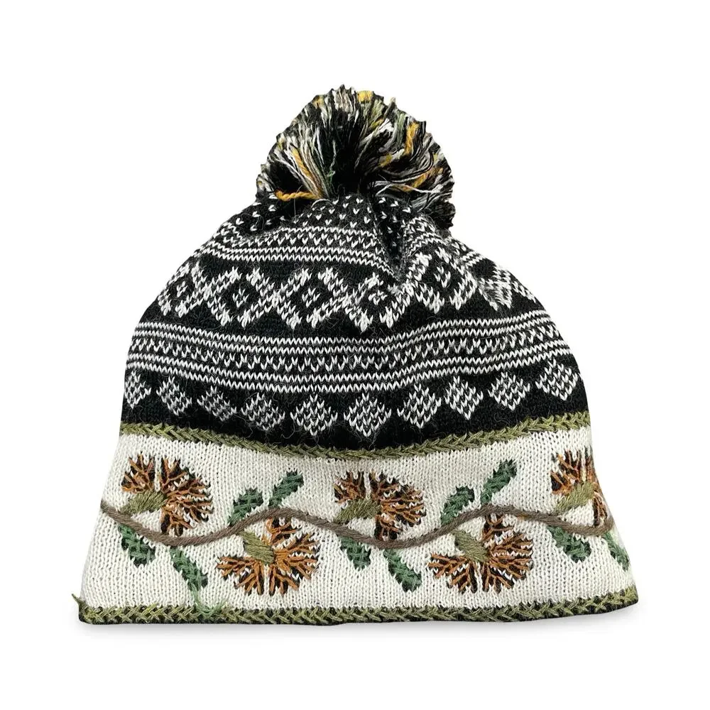 Peruvian Link Alpaca Knit Pom Pom Beanie Hat Black Cream Floral Fair Isle Boho